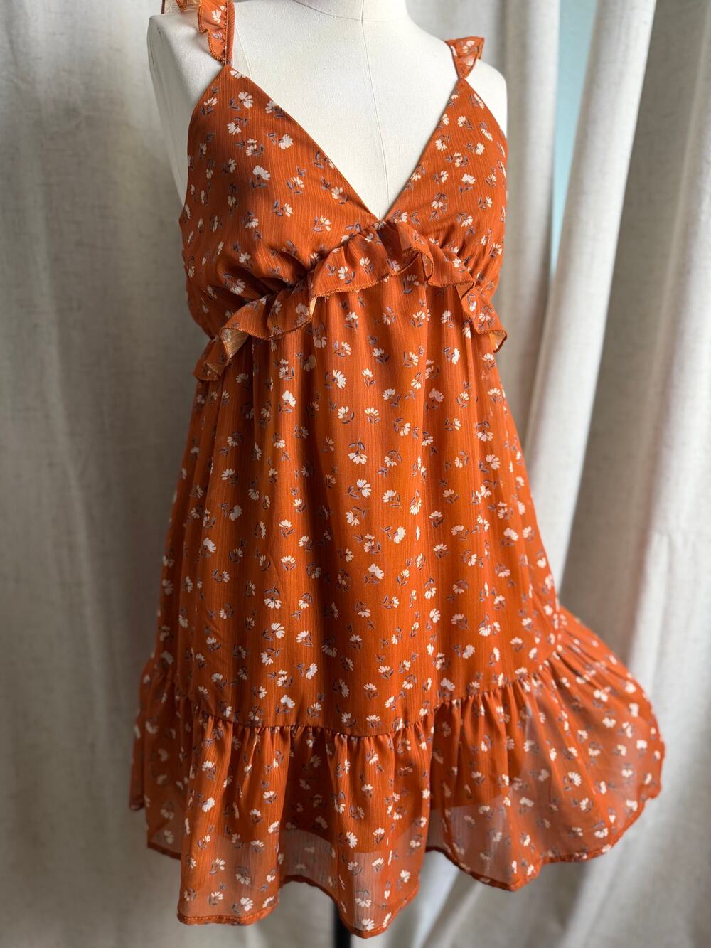Rust Orange Floral Ruffle Strap Babydoll Mini Dress Size Small NWOT